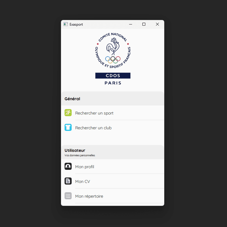Exasport application preview.